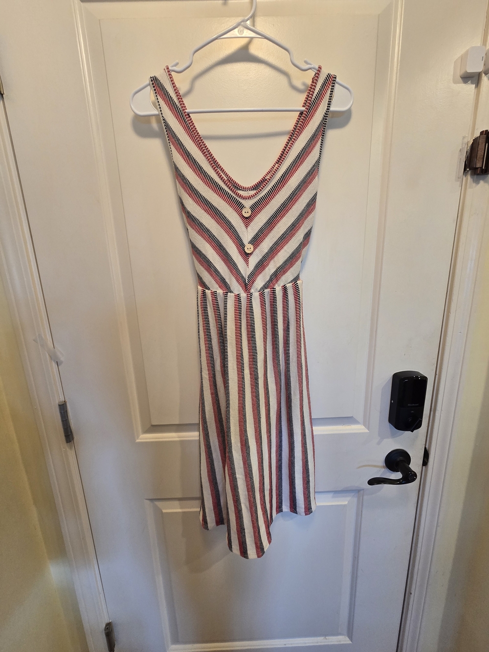 Caution To The Wind Striped V-Neck Midi Dress in Red, Blue, and White